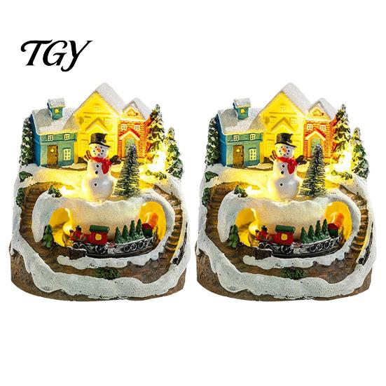 Gift for Christmas Party 2Pcs Train Music Box with Rotating Light, Snow Village Carousel Atmosphere Enhancers Ornament, Battery/USB Powered