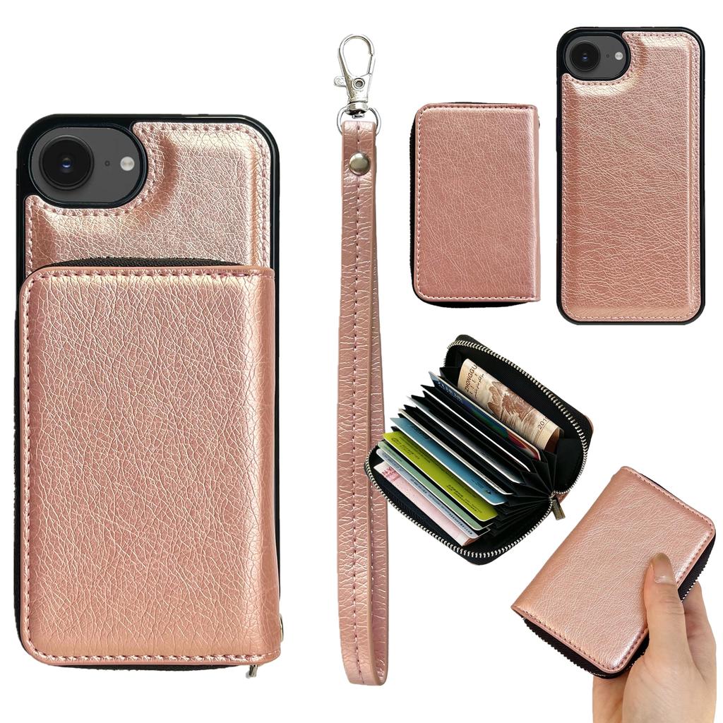 Чехол для iPhone 16e Съемный карман на молнии для карт PU TPU Подставка Чехол для телефона с ремешком