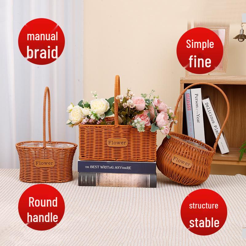 Imitation Rattan Woven Flower Basket: Handheld Arrangement, Living Room Decor, Photography Prop, Picnic, Pastoral, Flower Girl, Souvenir.