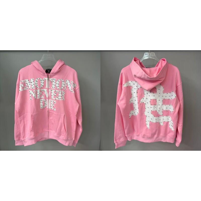 Mixed Emotion Zip-Up Hoodie Sweatshirt Men Women Letter Rhinestone Decor Casual Outerwear