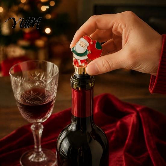 Reusable Zinc Alloy Cork Christmas Theme Wine Stopper, Santa Snowman Garland Pattern, Festive Bottle Sealer Insert with Silicone Sealing Ring,