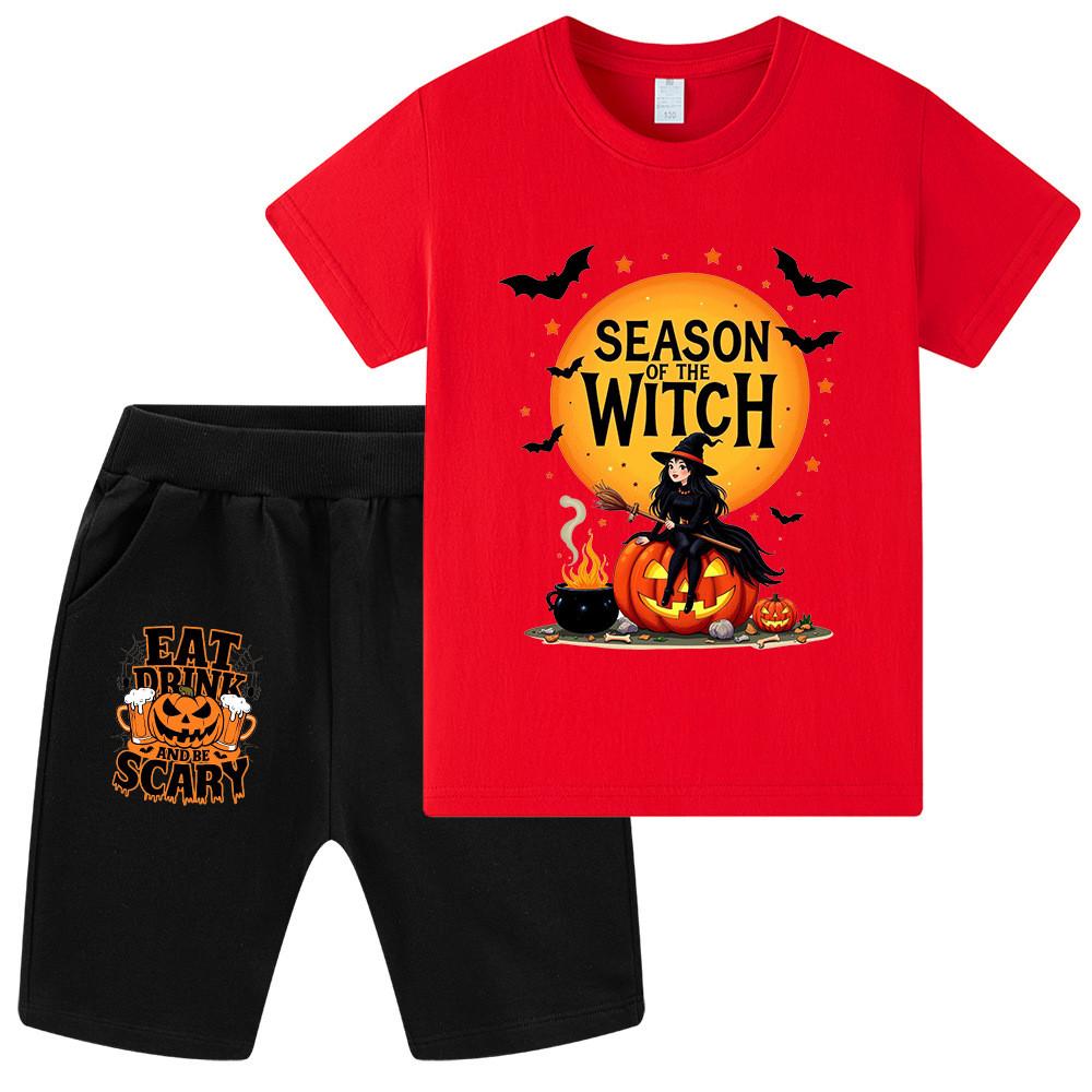 WA1650 Multi-color Kids Boys Girls Halloween Bat Ghost Print Short Sleeves T-shirt Shorts Sets