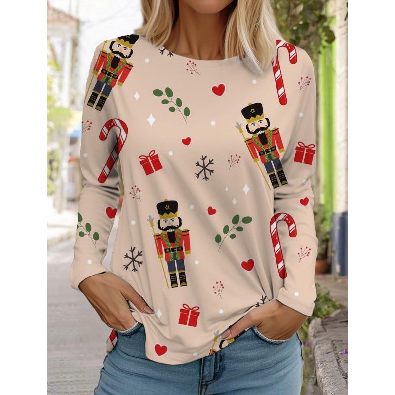 Женская футболка с длинным рукавом и рождественским принтом оленей, спортивный повседневный милый полиэстер с круглым вырезом и длинным рукавом