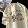 American Street Creative Blow Fan Cat Pure Cotton T-shirt for Men and Women Summer Relaxed Short Sleeve Couple Wear INS Top Sense of Design Streetwear