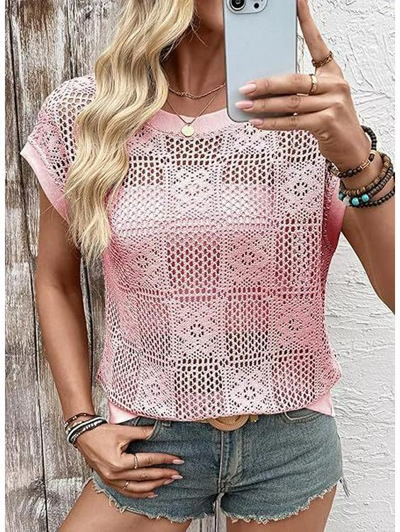2026 Европейский и Американский Трансграничный Женский Летний Ажурный Топ с Круглым Вырезом в Стиле "Пряная Девушка"
