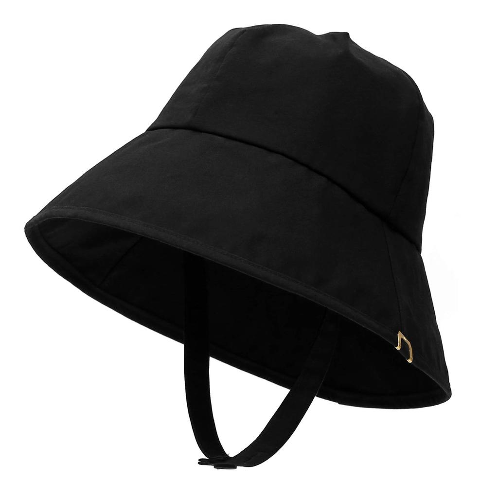 [ПОД КОНТРОЛЕМ] Био-стиранный хлопок Съемный шейный ремешок на пуговицах Глубокие поля Унисекс Защита от солнца УФ Панама для женщин Корейская кепка (Био черный)