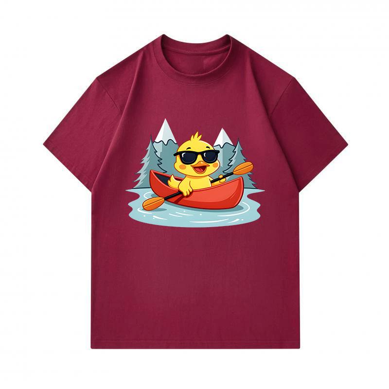 Men's 100% Cotton Crew Neck Short Sleeve T-Shirt, Cute Cool Yellow Duck Paddling Canoe Mountain Lake Print Casual Breathable Summer Tee for Daily Outd