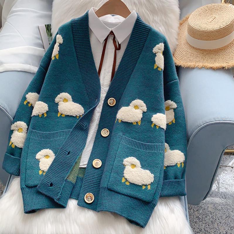 2024 Autumn Women's Lamb Pattern Loose Knit Cardigan - Thickened Knit Outerwear