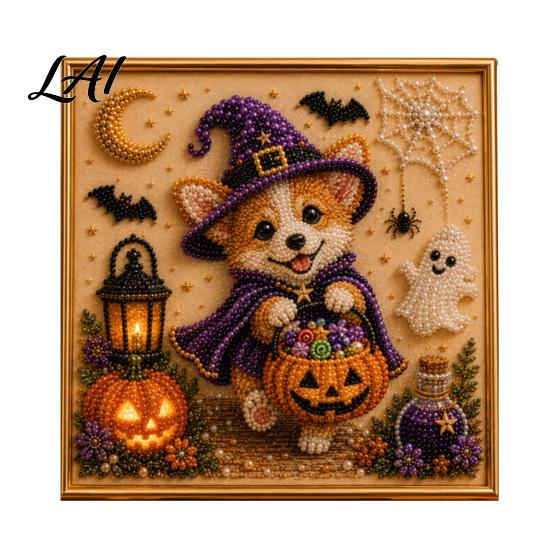 Puppy Themed Faux Pearl Painting Halloween Kit Art DIY Witch Seasonal Home Decor Projects Hat Bead Craft Kit for Adults And Teens Handmade