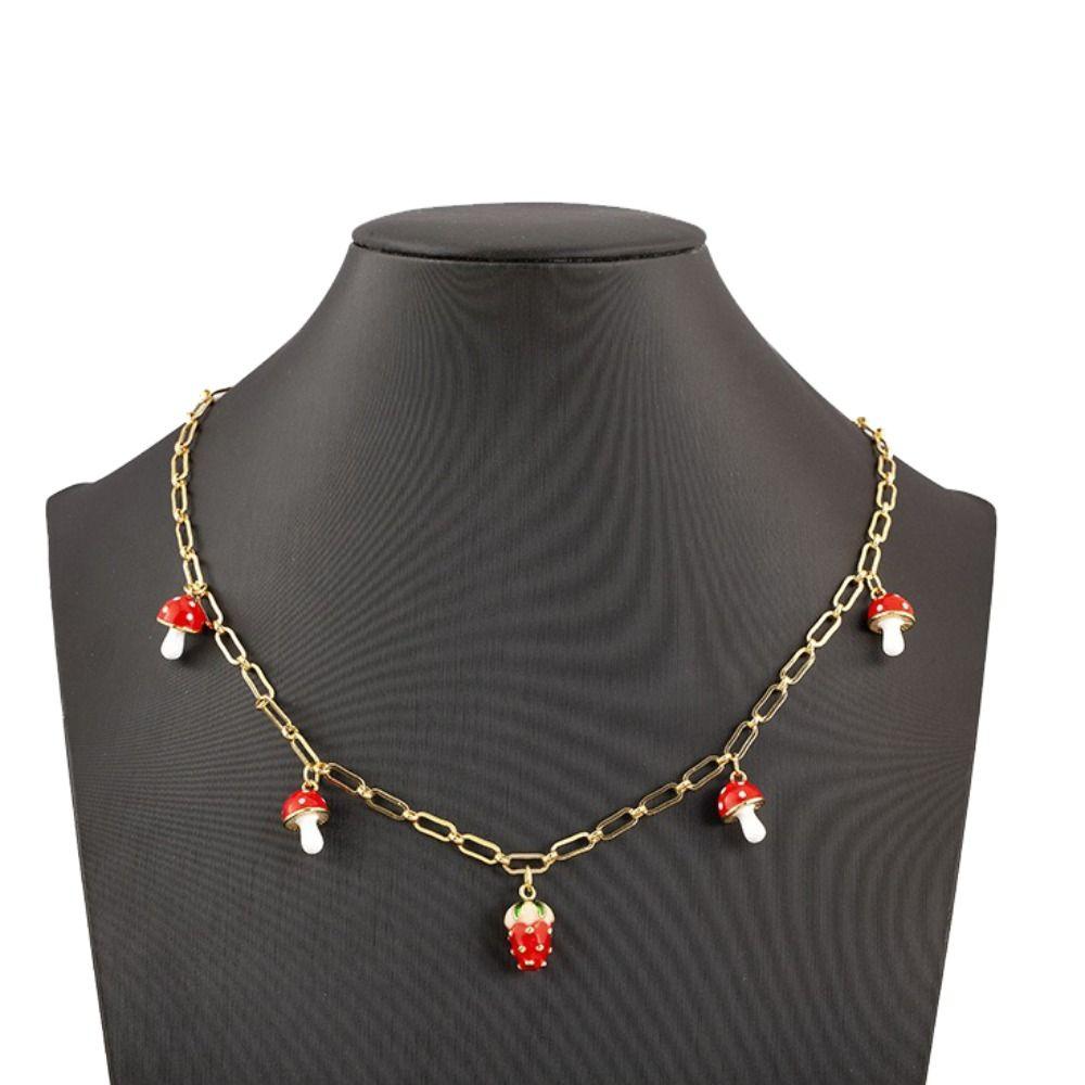 Mushroom Shape Strawberry Necklace Copper Zircon Sweet Necklace Simple Necklace For Girl