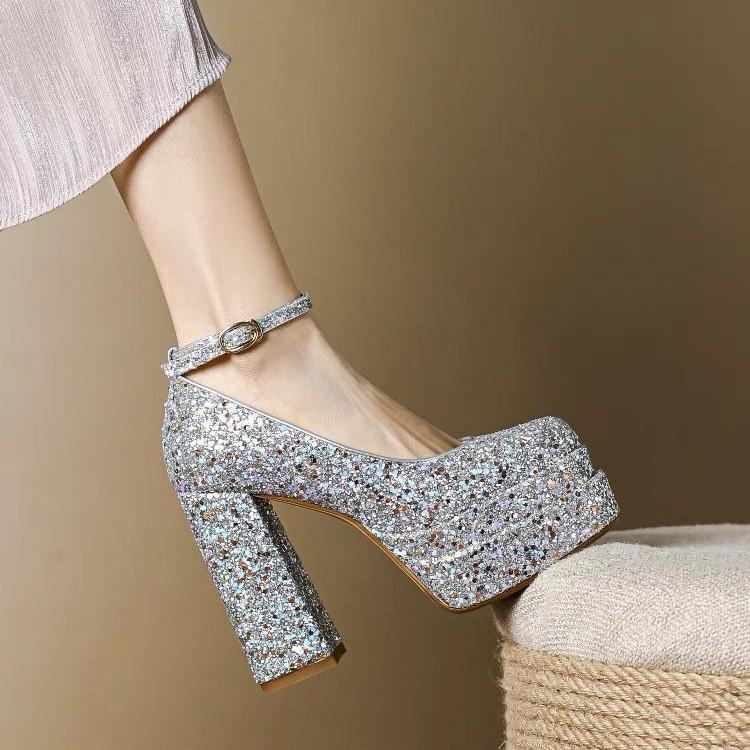 Водонепроницаемые серебряные туфли на высоком каблуке с блестками, свадебные туфли для взрослых, хрустальные туфли для церемонии, сексуальные, темпераментные, модные туфли