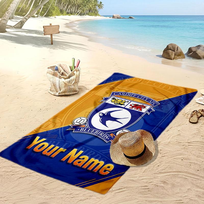 Cardiff City Personalized Printed Beach Towel Soccer Logo Support Custom Name Text Absorbent Towel For Sport Travel Special Gift