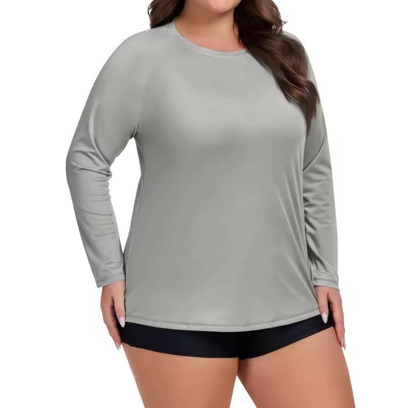 Plus Size Sport Sunscreen Top Women Summer Sunscreen Quick-drying Long-sleeved 3D T-shirt Round Neck Solid Color Breathable Tee