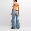 Feather Spliced Washed Jeans Women Baggy Wide Leg Denim Pants Y2K High Waist Fashion Streetwear 2025 Spring Straight Jean Trousers