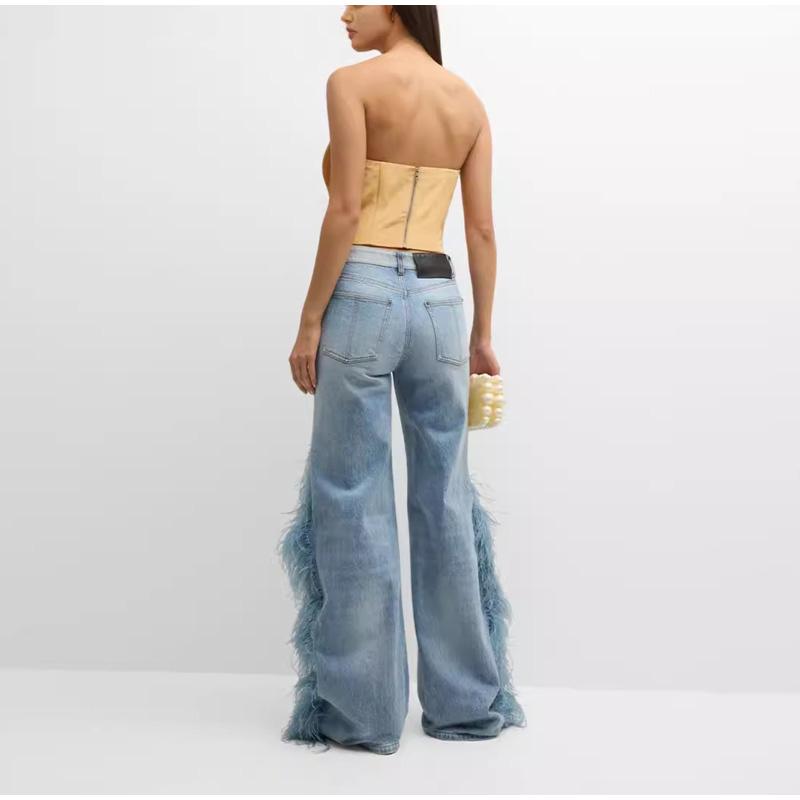 Feather Spliced Washed Jeans Women Baggy Wide Leg Denim Pants Y2K High Waist Fashion Streetwear 2025 Spring Straight Jean Trousers