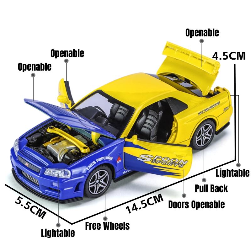 1:32 Nissan Skyline GTR R34 JDM Racing Car Toy Model Diecast Metal GT-R Spoon Sport Miniature Collection Sound Light Pull Back