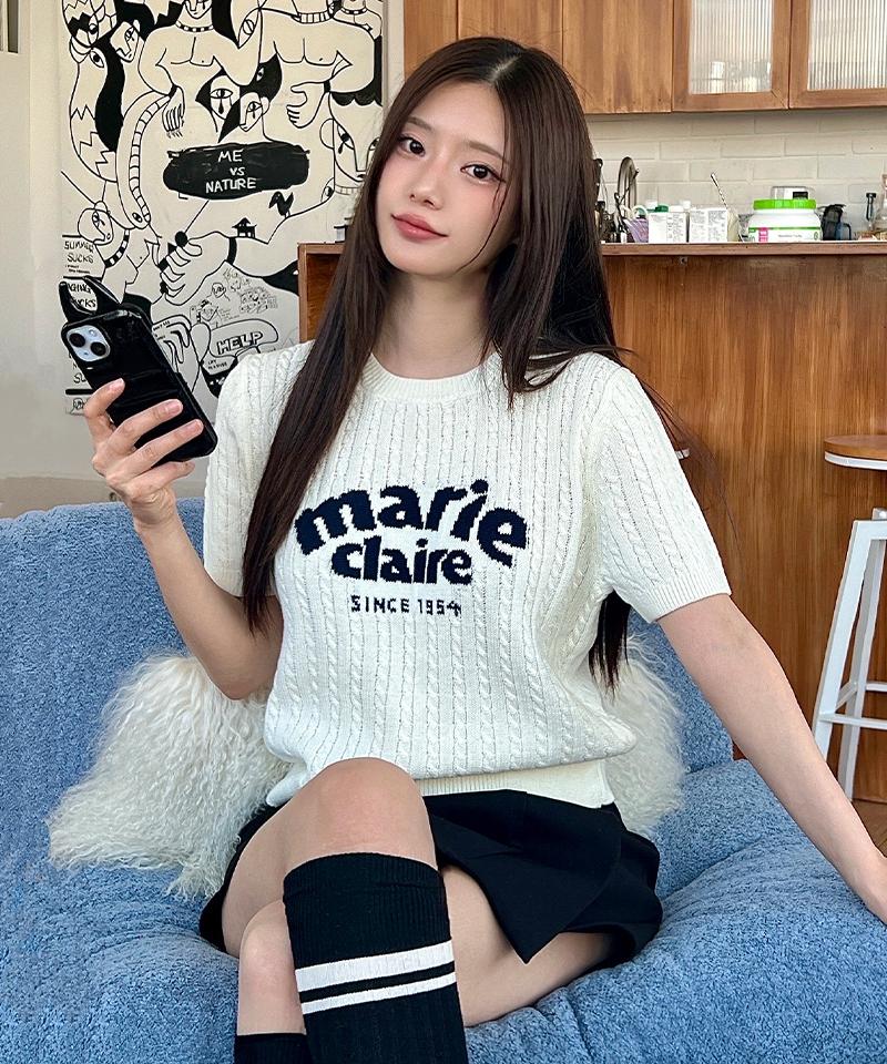Marie Claire Jacquard Cable Cotton Short Sleeve Knit (Mafbkn07Miv)
