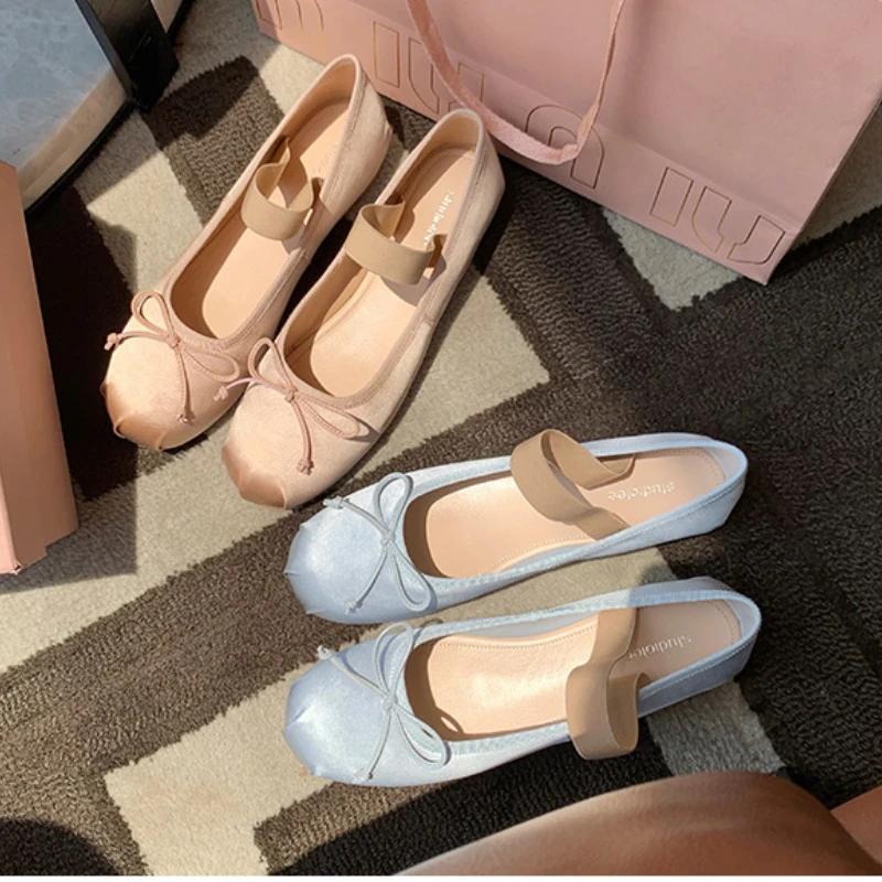 Женская обувь французская осень ретро бант неглубокий носок плоские балетки одинарные нескользящие удобные износостойкие туфли с круглым носком