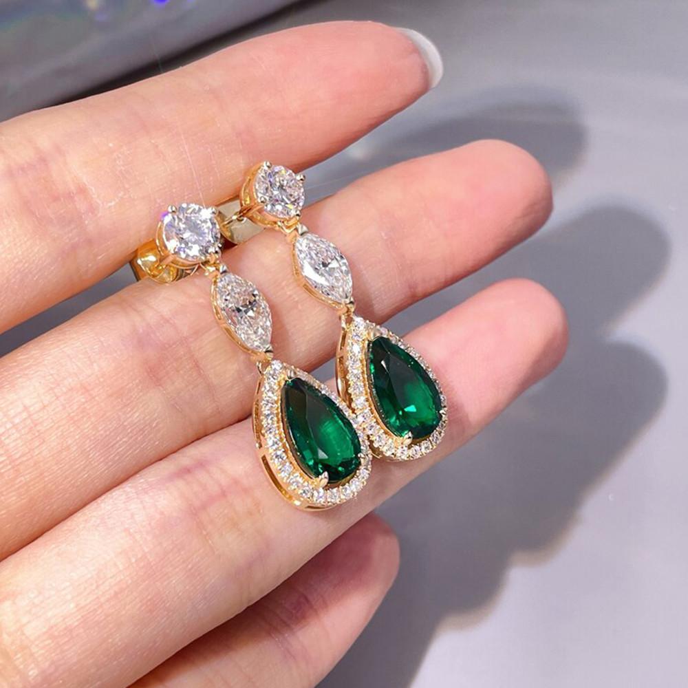 Huitan Water Drop Green Cubic Zirconia Hanging Earrings for Women Temperament Elegant Ear Earrings Party Wedding Luxury Jewelry