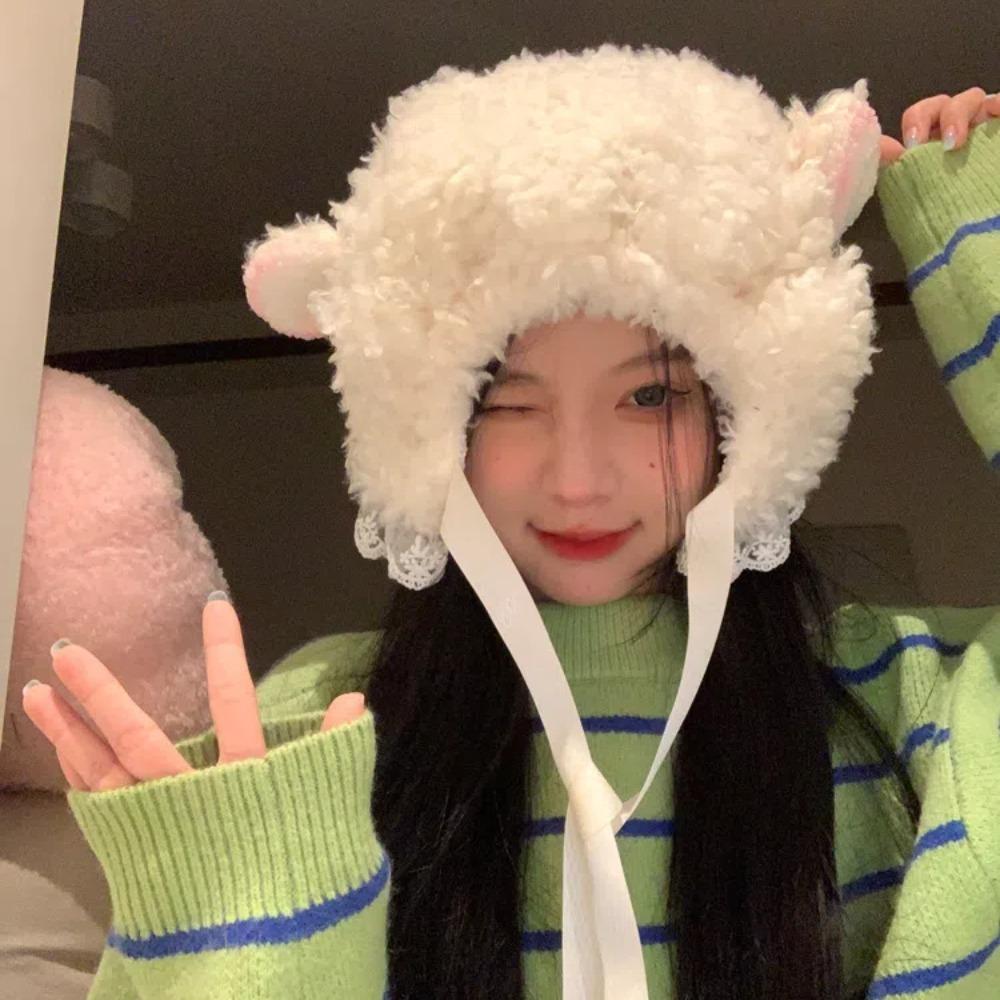 Шапки из овечьей шерсти Y2K Lolita Lace Hat Brimless Beanie Cap Ear Protection Зимняя шапка