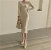 Fall Winter Cross Square Collar Sweater Dresses Women Long Sleeve Bodycon Slim Bottoming Office Party Knitted Dress