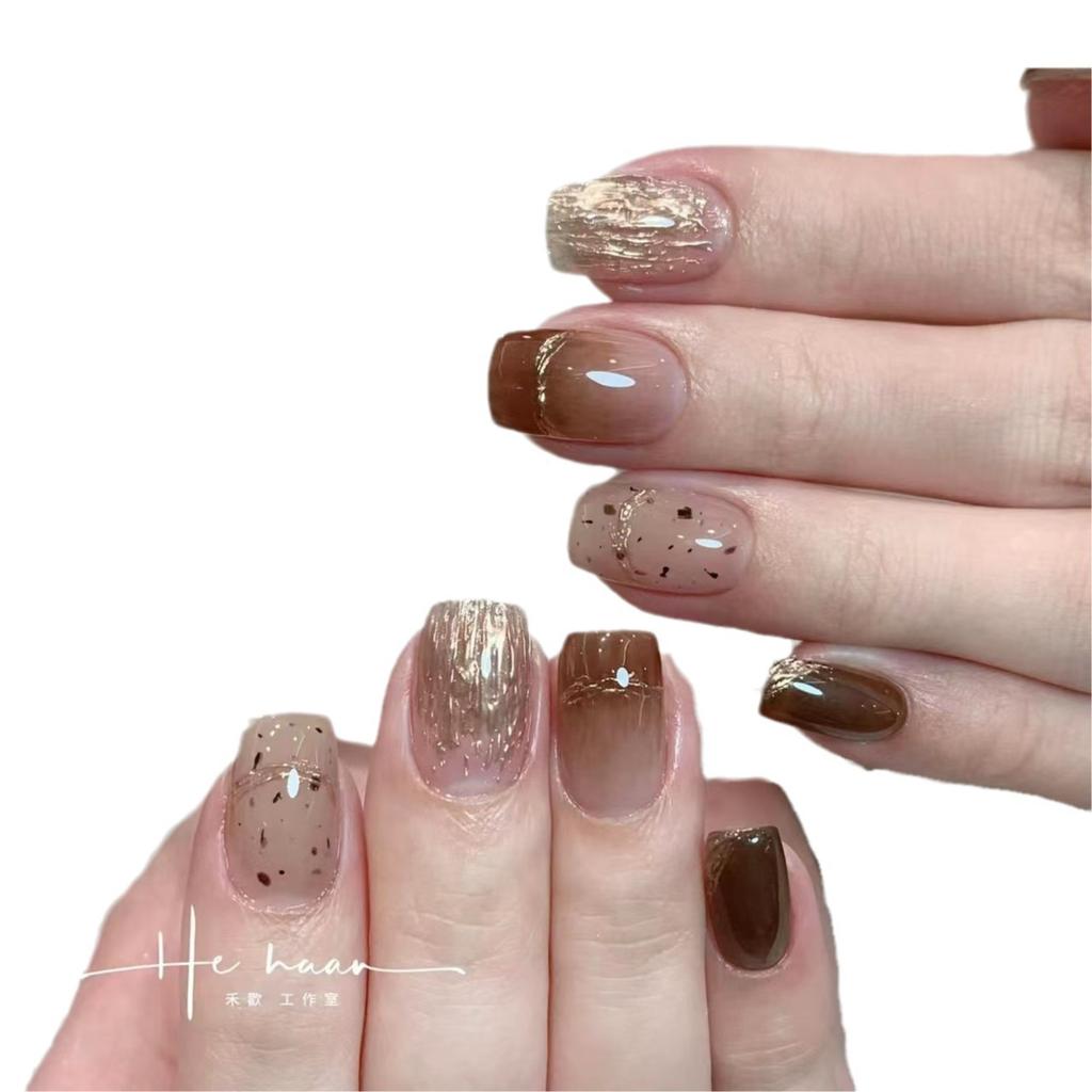 Чистый ручной работы фототерапевтический маникюр карамельно-каштановый носить готовый продукт для ногтей повторно наклейка для нейл-арта, чтобы показать белизну
