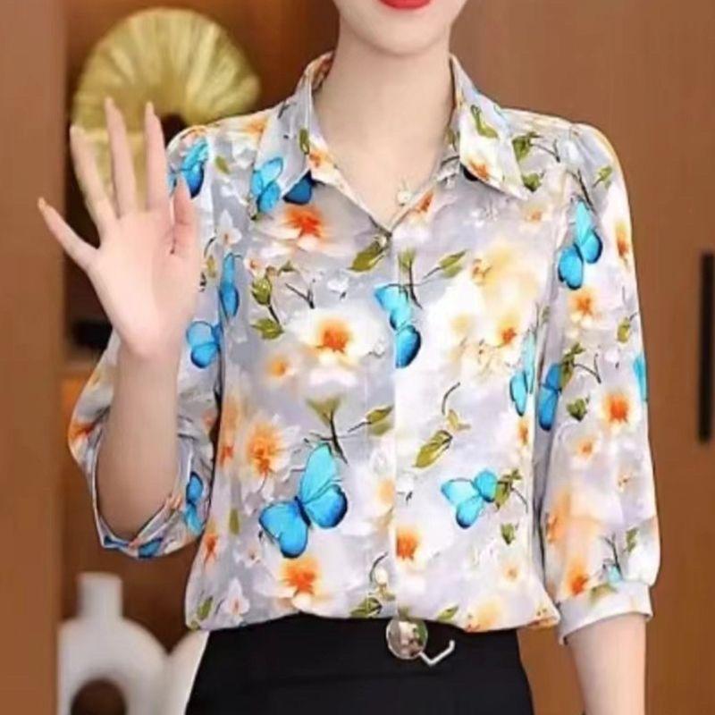 Новые весенне-осенние топы с цветочным принтом, длинные рукава, отложной воротник, женская блузка, рубашка, модная однобортная одежда OL