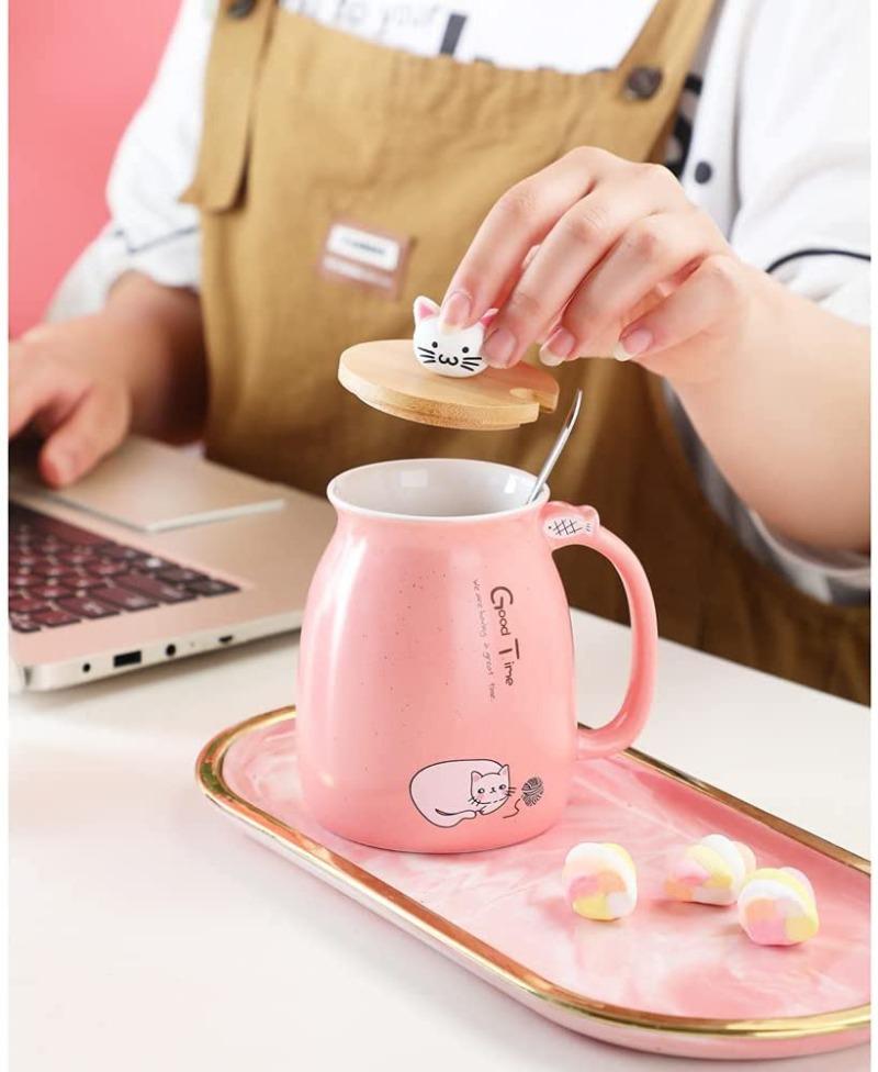 Kawaii Cute Cat Ceramic Coffee Mug with Kitty Lid And Spoon Japanese Style Tea Cup for Women Cat Lovers Novelty Gifts