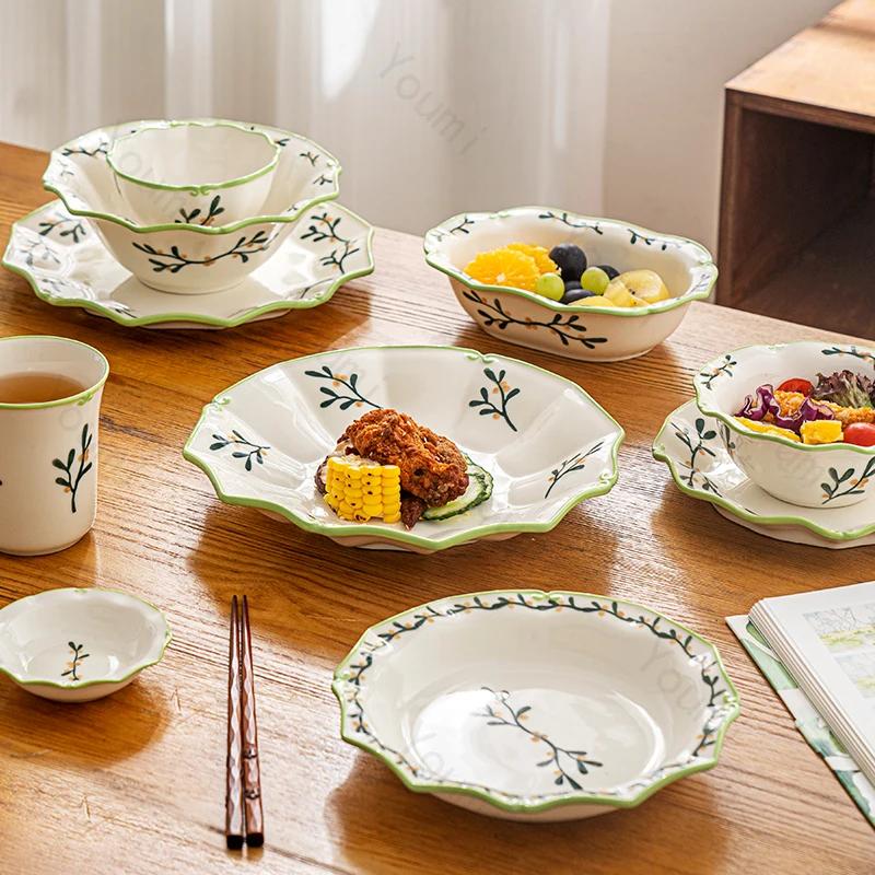 Необычные расписанные вручную керамические тарелки Роскошная ресторанная тарелка для фруктового салата Домашняя вкусная еда Обеденная тарелка Изысканная столовая посуда