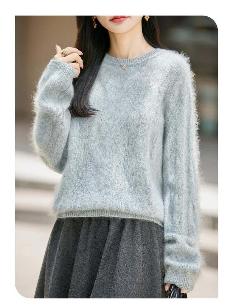 2026 Autumn/Winter Women's Marled Cashmere Wool Knit Sweater - Round Neck, Long Sleeve, Brushed Loose Fit