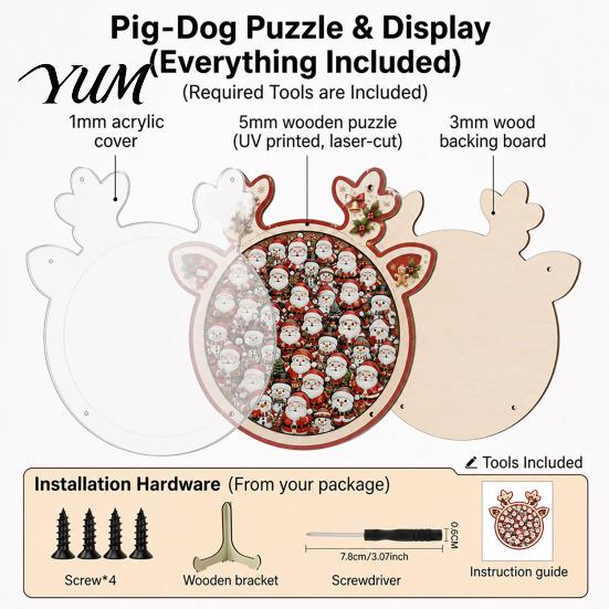 Decorative Puzzles Set Christmas Reindeer Jigsaw Puzzle Decoration, Santa Claus Cat Elk Theme Seasonal Toy, Festive Wooden for Holiday Gift