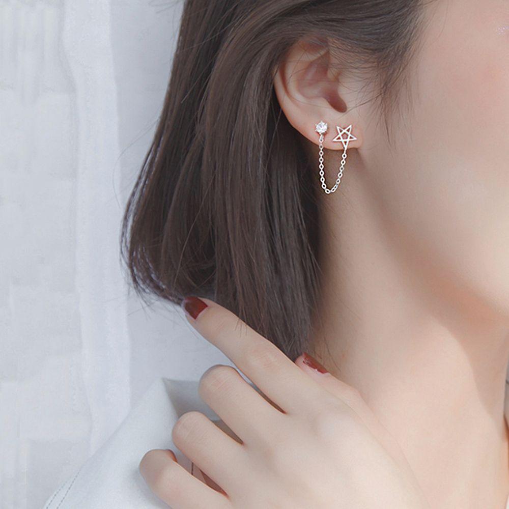Holes Rhinestone Copper Female Ear studs Korean Style Earrings Star Ear studs Ear Chain Earrings