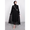 Cross Chain Detailed Asymmetrical Hijab Evening Dress Black