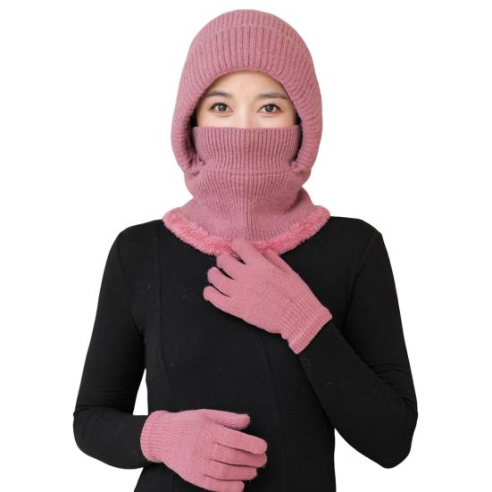 2Pcs/Set Women Hat Gloves Set Solid Color Plush Lining Knitting Beanie Hat with
