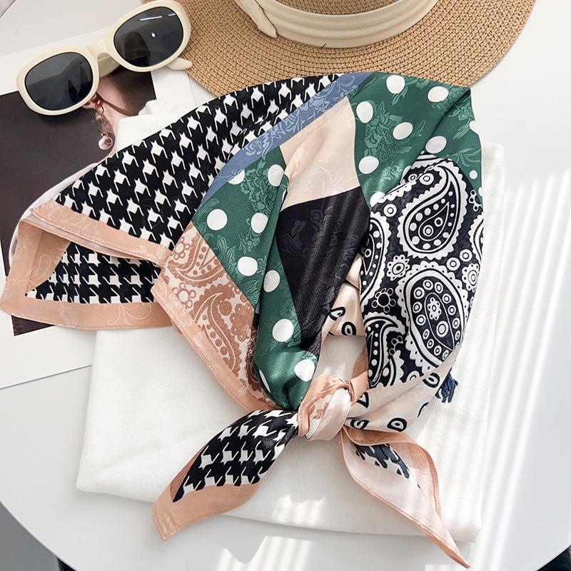 Korean high-end retro small silk scarf color matching thousand bird grid cashew flower personality niche sunshade headscarf square silk scarf