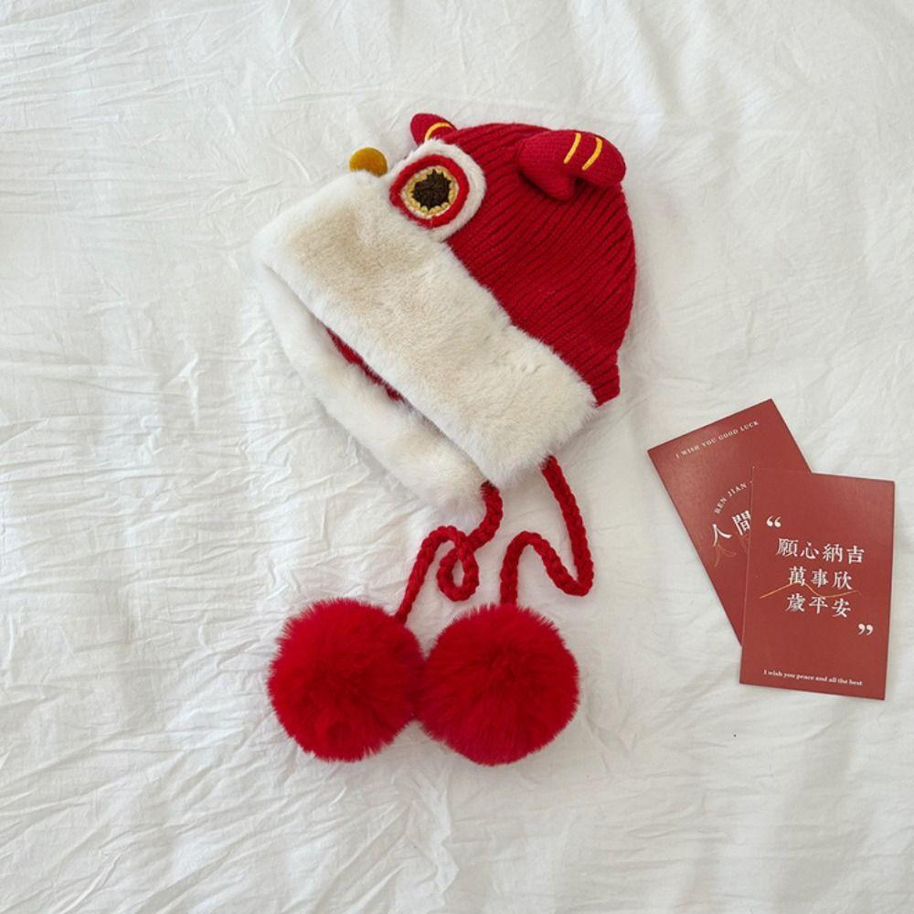 Hairball New Year Lion Cap Embroidery Cap Kids Beanie Cap Unique Children Fleece Hat Ear Protector