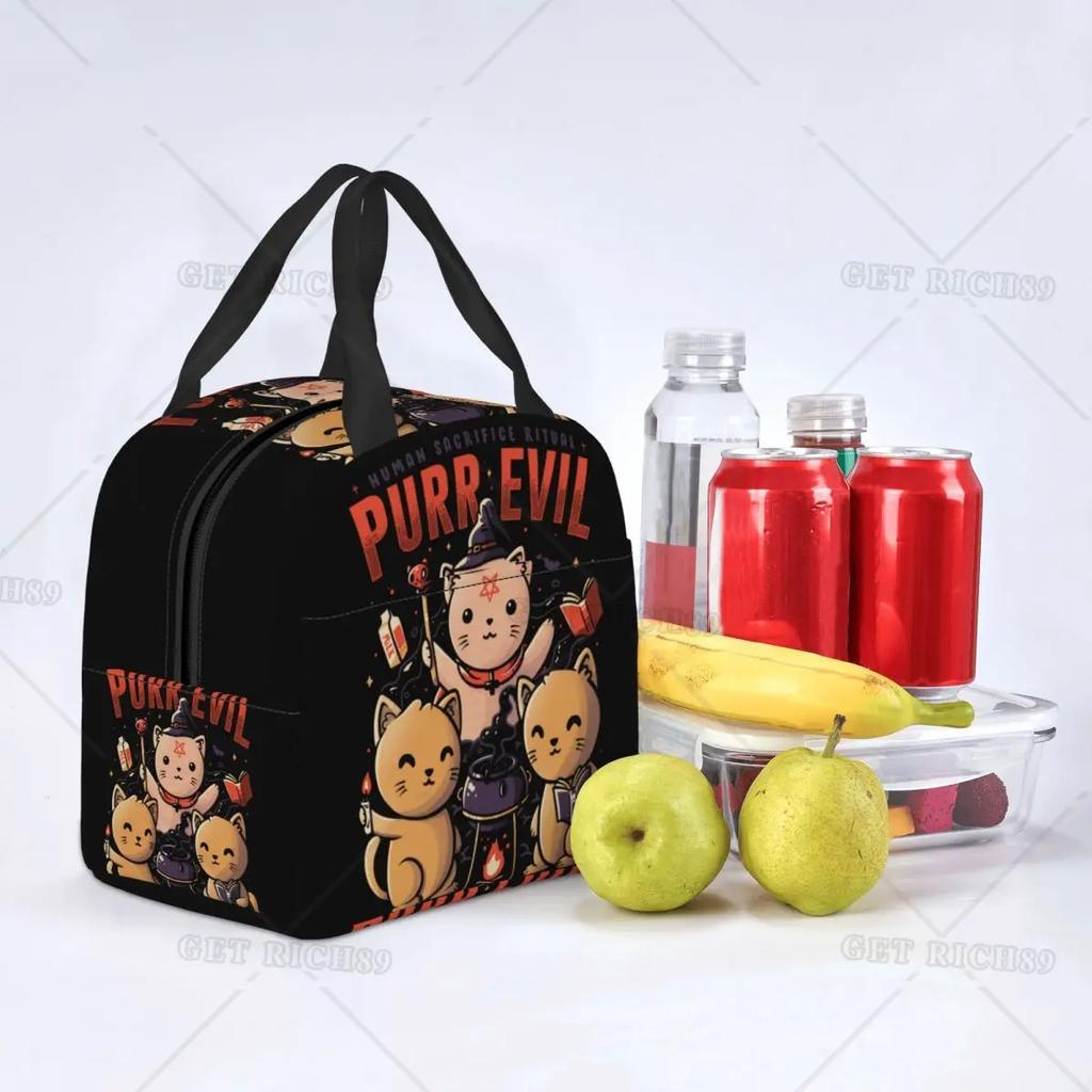 Satanic Cat Insulated Lunch Bag Waterproof Thermal Cooler Lunch Box with Side Pocket for Women Men Kids Camping Travel