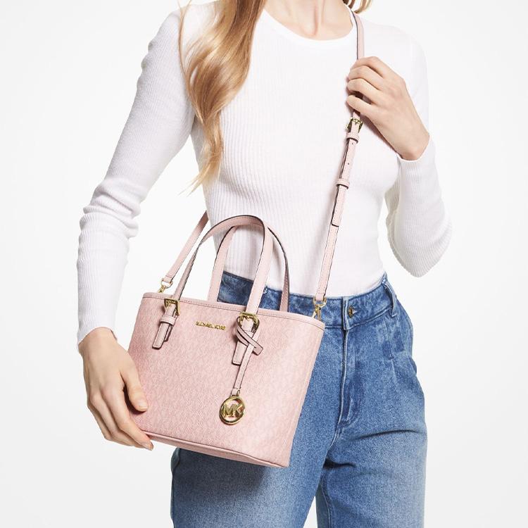 Michael Kors MK Jet Set 27 Классическая сумка через плечо на молнии из канваса с монограммой, мини-сумка, Женские сумки, Розовый 35T9GTVT0B-628