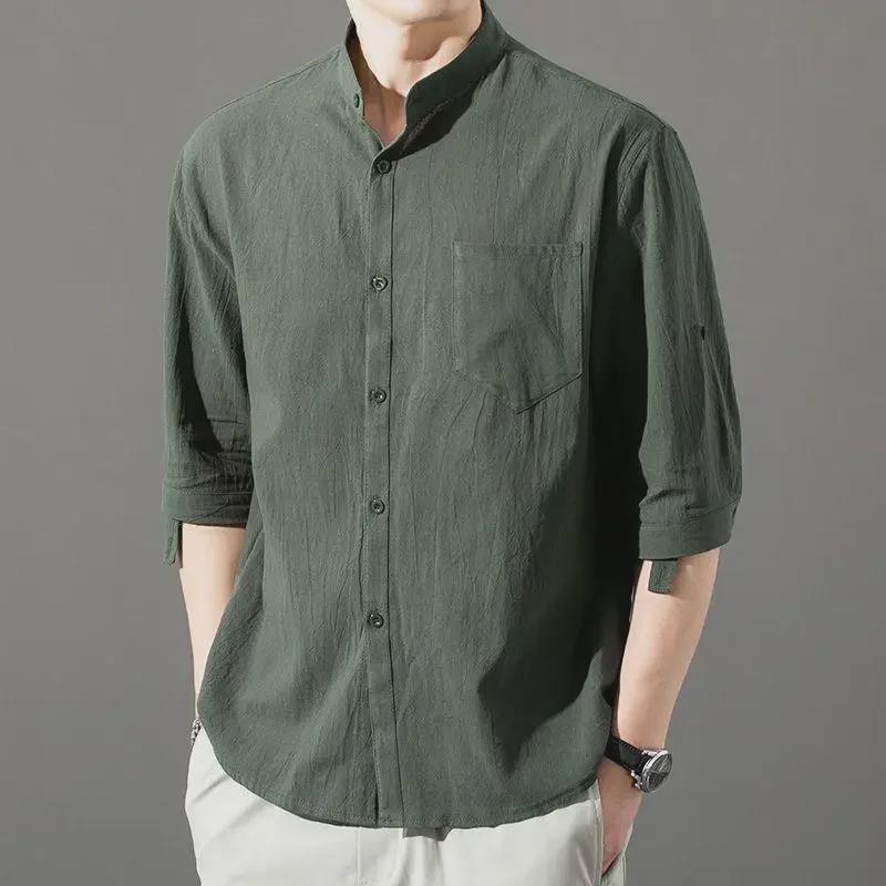Men's Loose Casual Three-Quarter Sleeve Cotton and Linen Shirt