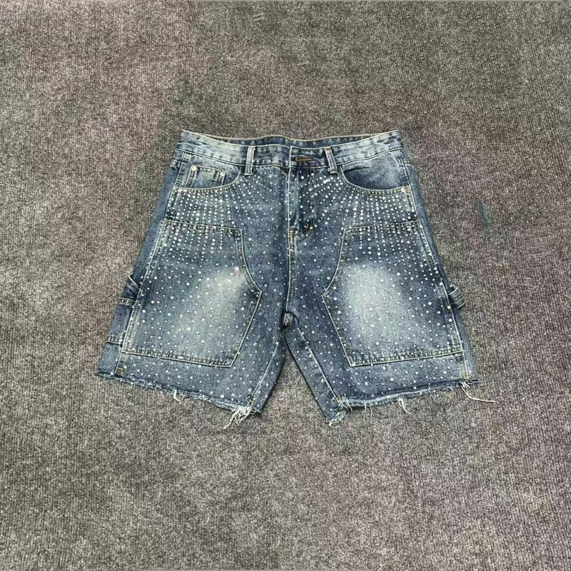 Mens Distressed Washed Denim Shorts Straight Cut Mid-Thigh With Rhinestone Embellishment Streetwear