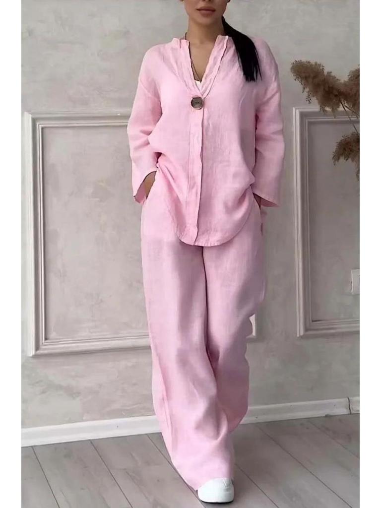 Европейский и американский летний модный женский комплект из хлопка и льна с V-образным вырезом и длинными рукавами на 2025 год