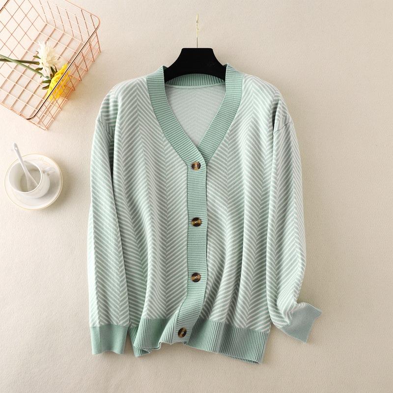 Autumn Women's Cardigan Sweater Women V-Neck Color Collision Loose Striped Sweater Jacket Long Sleeve Top