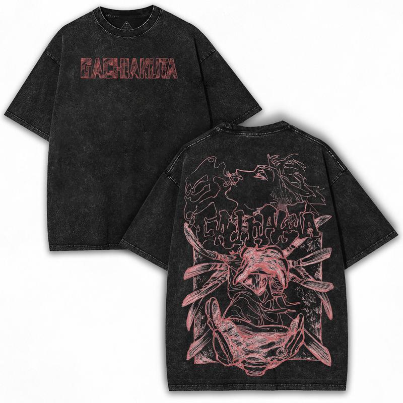 Rudo Enjin Print Tshirt Anime Gachiakuta Clothing Men Women Cotton Tshirts Retro Washed T Shirt Harajuku Male Casual Loose Tops