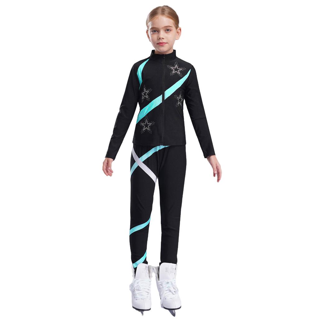 Girls Sparkle Star Long Sleeve Zipper Top with Colorblock Leggings for Figure Skating Gymnastics Dance Training