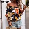 Женская мода повседневные летние блузки и рубашки с цветочным принтом и коротким рукавом на одно плечо