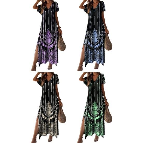 Lady Summer Dress Color Matching Geometric Print V Neck Split Hem Short Sleeves A-line Loose High Waist Casual Daily Wear Maxi Dress