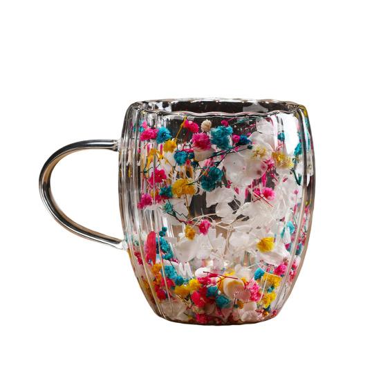 Кружка из двухслойного стекла с сухоцветами 250/350 мл, термостойкая, с ручкой, кофейная чашка для горячих напитков, уникальная художественная стеклянная посуда
