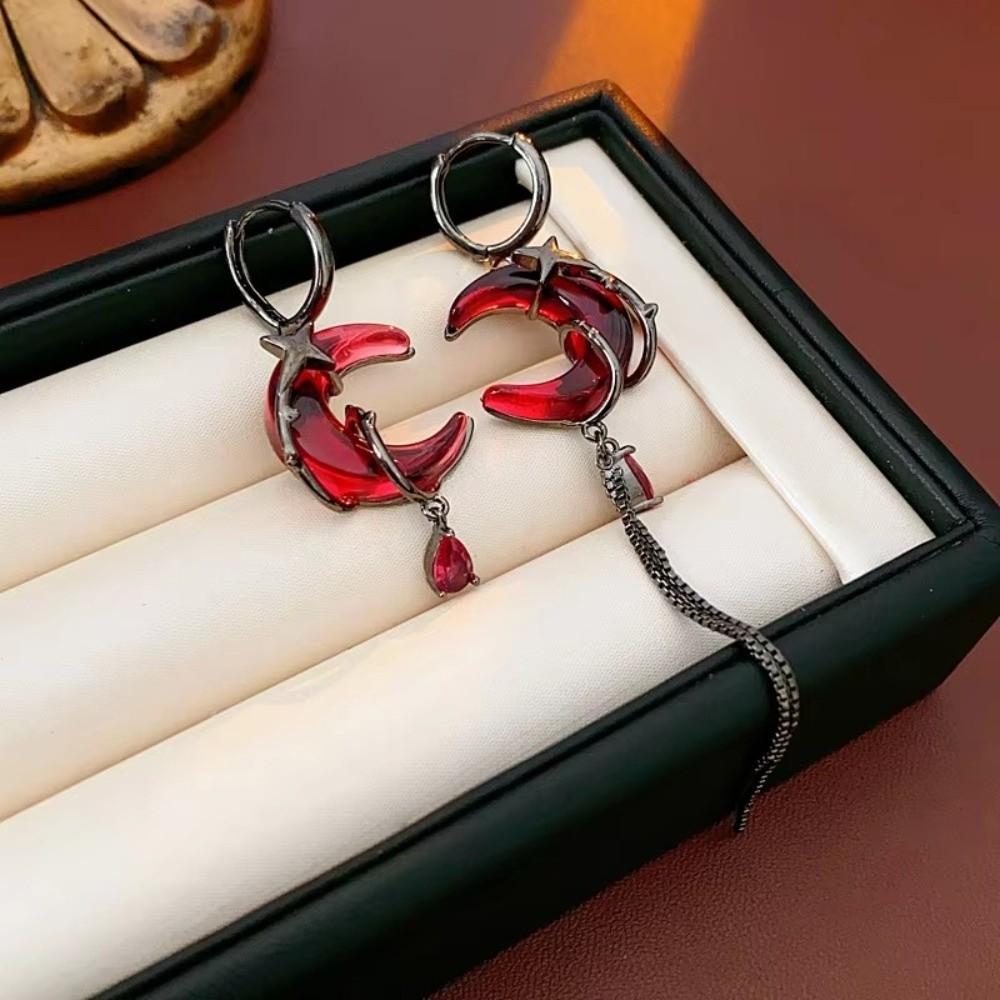 Red Crystal Asymmetry Earrings Tassel Chain Women Dangle Earrings Rhinestone Moon Earrings  Gift