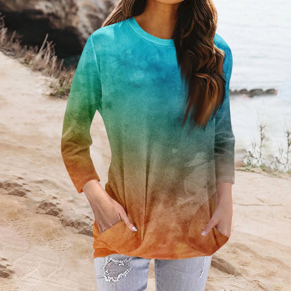 Женская модная повседневная футболка с карманом и круглым вырезом с рукавами 3/4 и топом