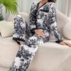 Spring Autumn Women Black Pyjamas Set Graphic Printing Tops and Pants Satin Sleepwear Loose 2 Piece Pajamas Loungewear Outfits